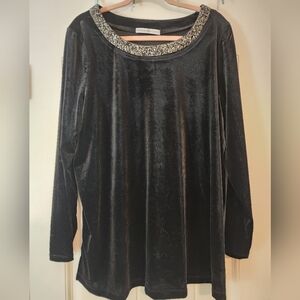 Signature Collection Beaded Embellished Neck Black Velvet Women's Top XL Evening